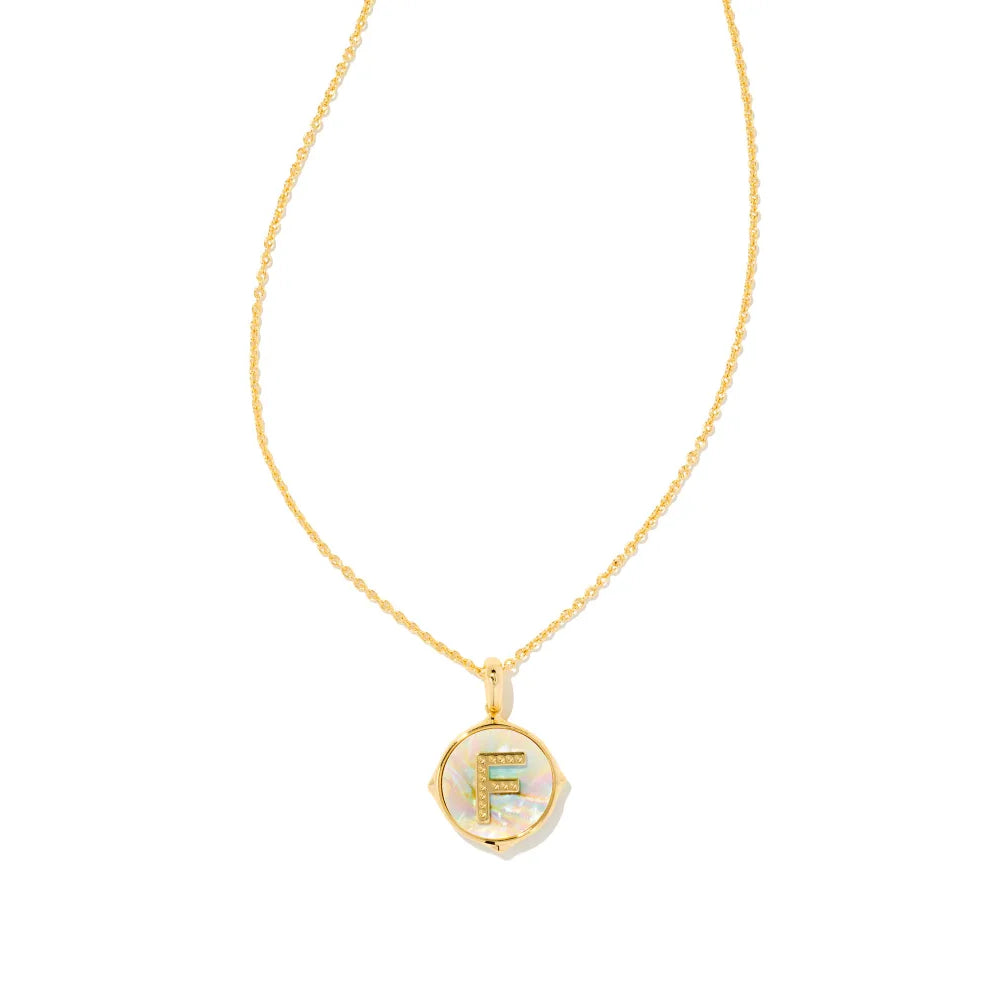Kendra Scott Letter Gold Disc Reversible Pendant Necklace in Iridescent Abalone