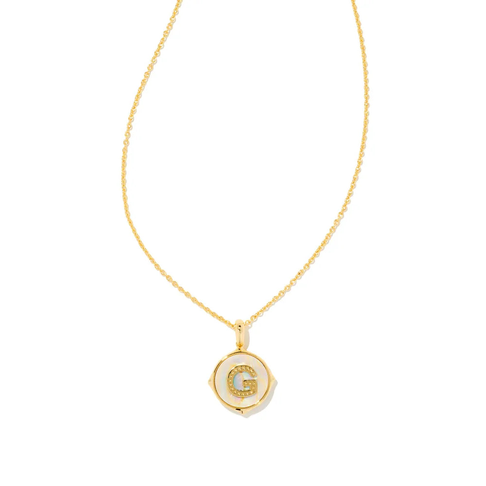 Kendra Scott Letter Gold Disc Reversible Pendant Necklace in Iridescent Abalone