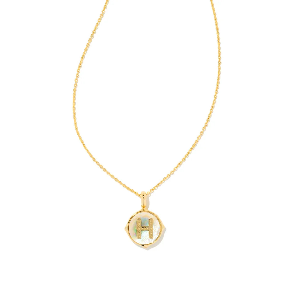 Kendra Scott Letter Gold Disc Reversible Pendant Necklace in Iridescent Abalone
