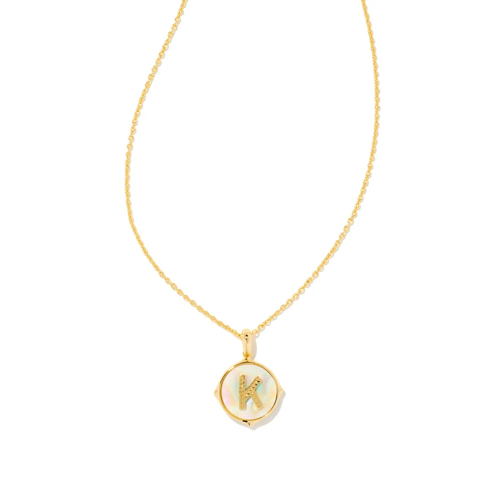 Kendra Scott Letter Gold Disc Reversible Pendant Necklace in Iridescent Abalone