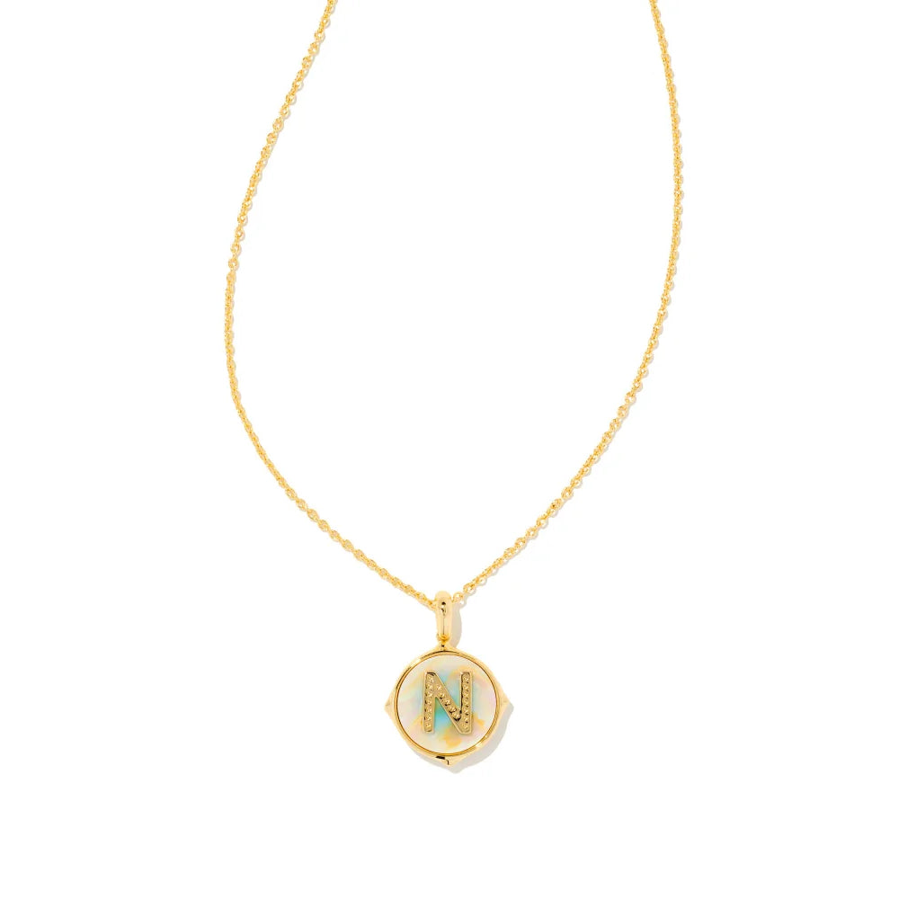 Kendra Scott Letter Gold Disc Reversible Pendant Necklace in Iridescent Abalone