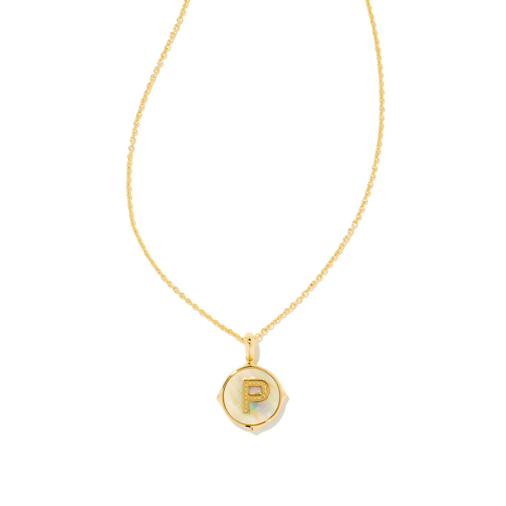 Kendra Scott Letter Gold Disc Reversible Pendant Necklace in Iridescent Abalone