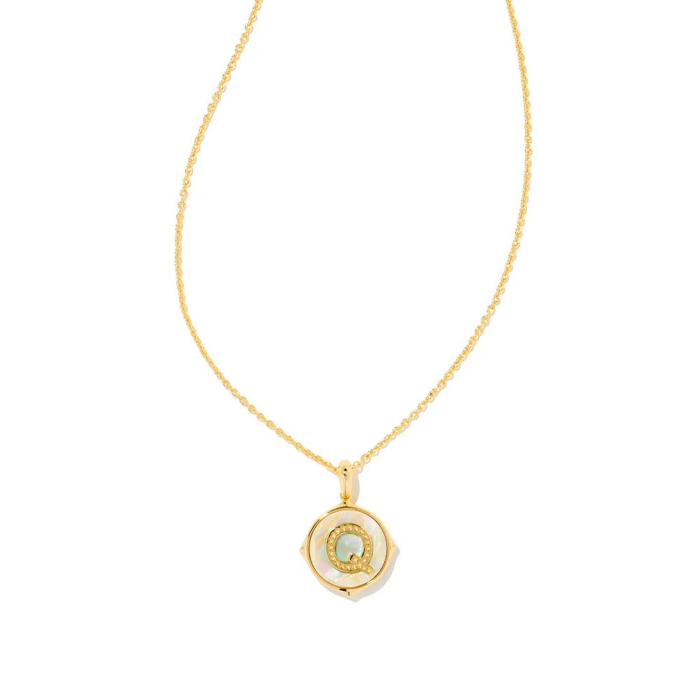 Kendra Scott Letter Gold Disc Reversible Pendant Necklace in Iridescent Abalone