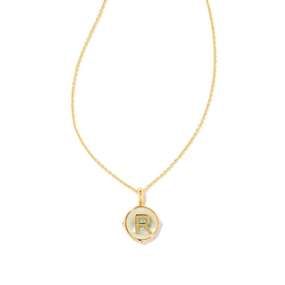 Kendra Scott Letter Gold Disc Reversible Pendant Necklace in Iridescent Abalone