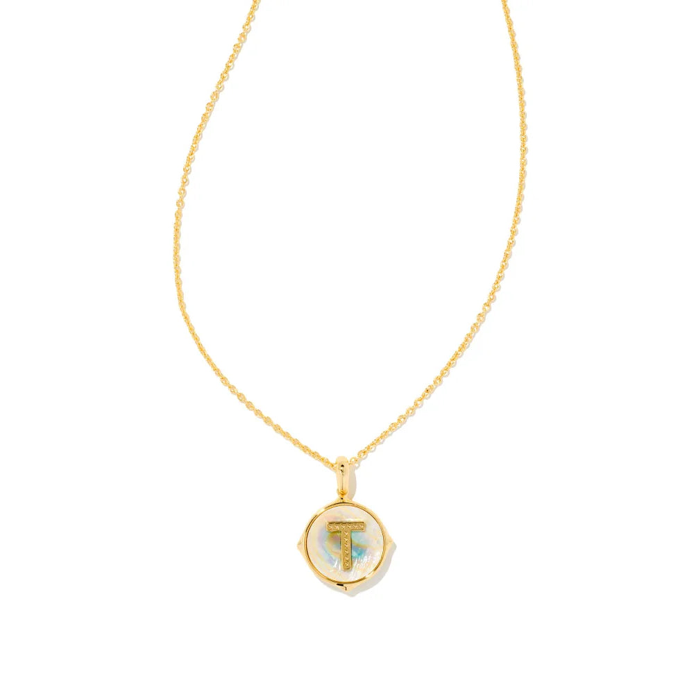 Kendra Scott Letter Gold Disc Reversible Pendant Necklace in Iridescent Abalone