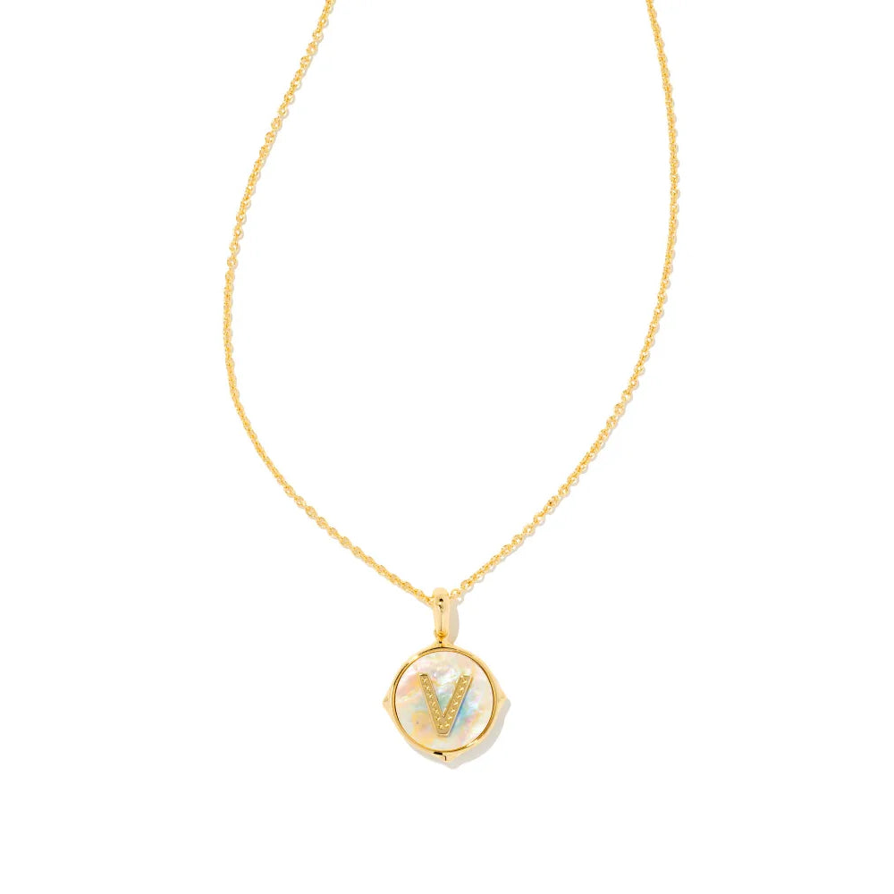Kendra Scott Letter Gold Disc Reversible Pendant Necklace in Iridescent Abalone