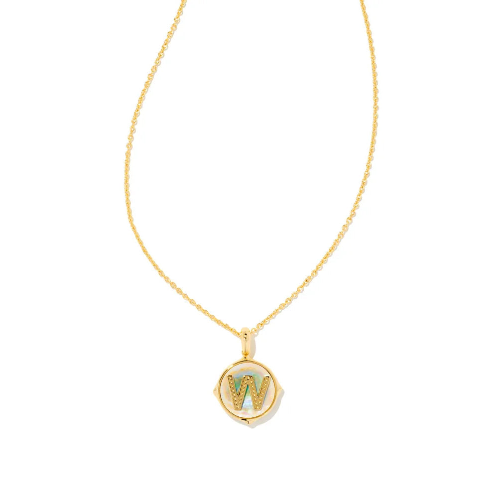 Kendra Scott Letter Gold Disc Reversible Pendant Necklace in Iridescent Abalone