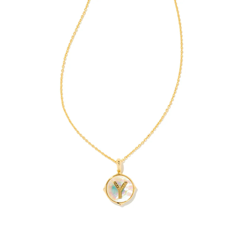 Kendra Scott Letter Gold Disc Reversible Pendant Necklace in Iridescent Abalone