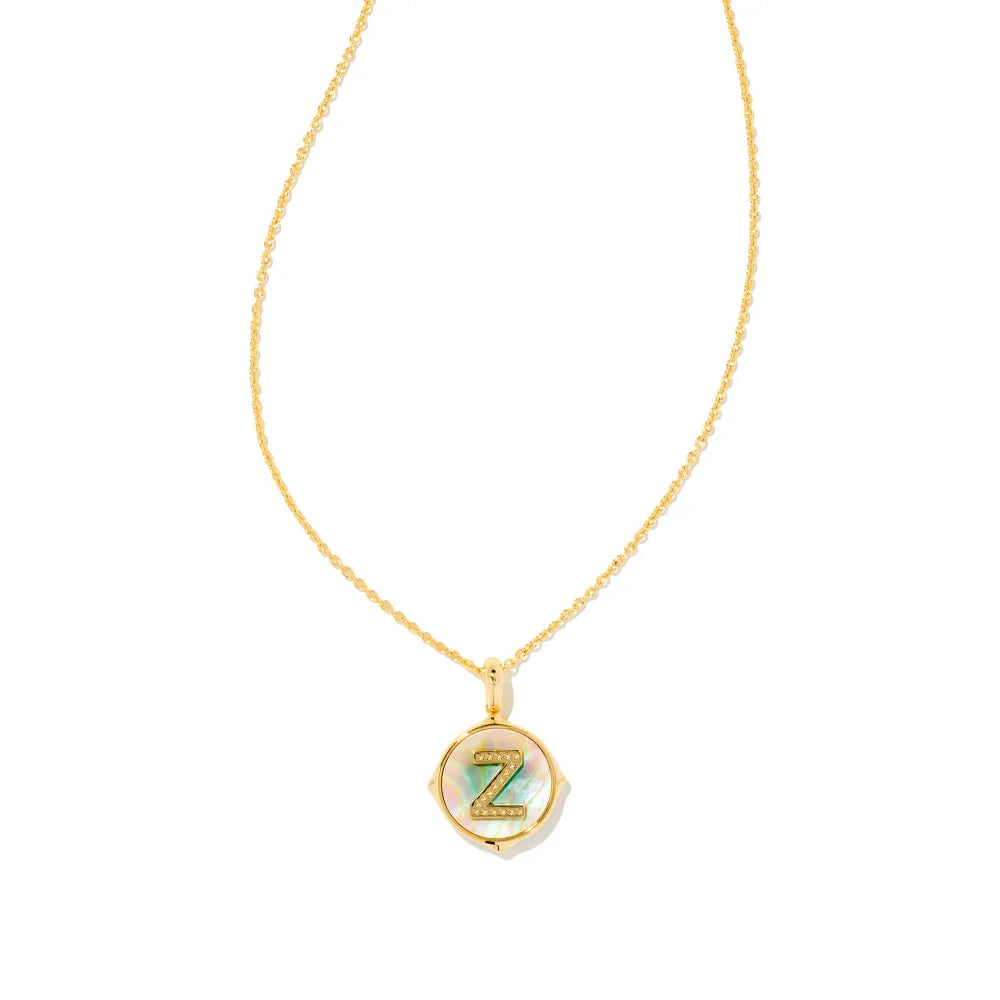 Kendra Scott Letter Gold Disc Reversible Pendant Necklace in Iridescent Abalone