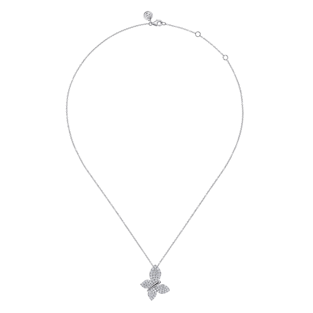 silver butterfly pendant necklace with clear stones on white background