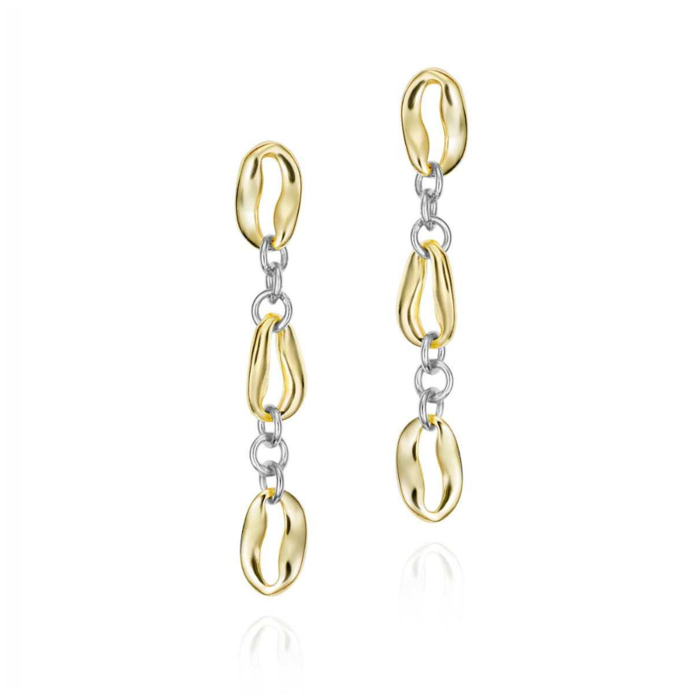 A pair of gold and silver drop earrings with organic, bean-like shapes connected by short chains, shown on a clean white background.