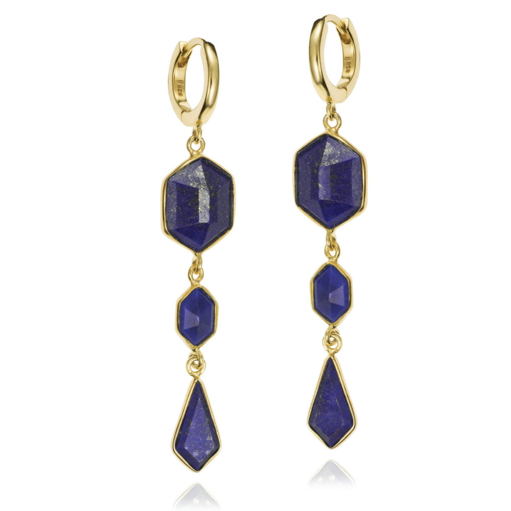 gold earrings with blue stones dangle on white background