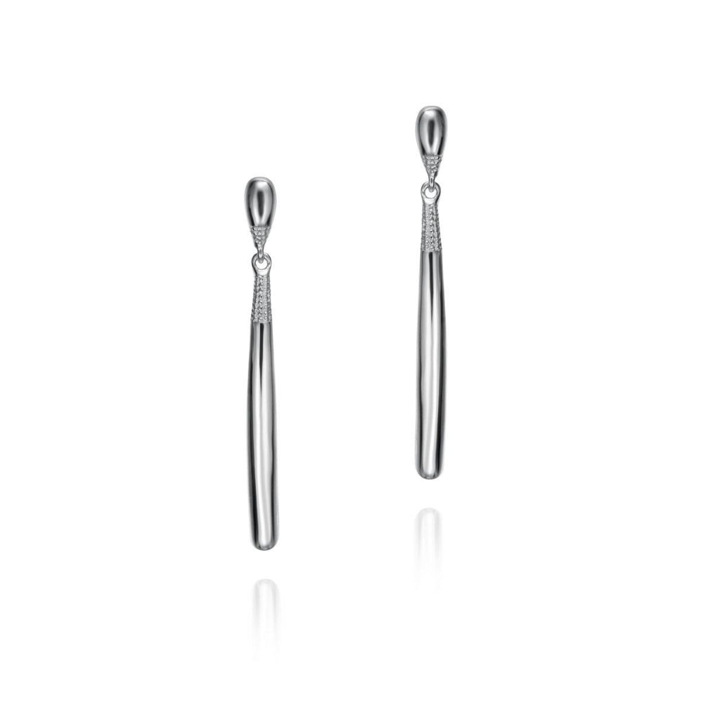 A pair of silver drop earrings with a teardrop-shaped top, a textured band, and a slim cylindrical drop, shown on a clean white background with a soft reflection below.