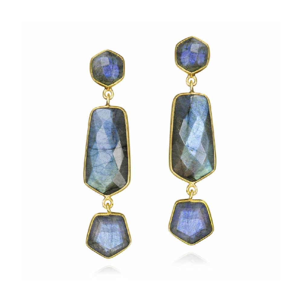 A pair of gold drop earrings featuring faceted labradorite stones in irregular geometric shapes, set in yellow gold and shown against a plain white background.
