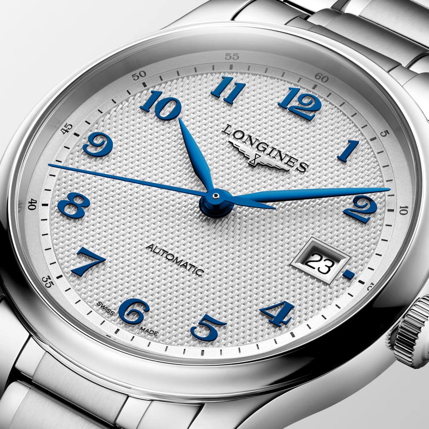 Longines watch with blue hands on a white background