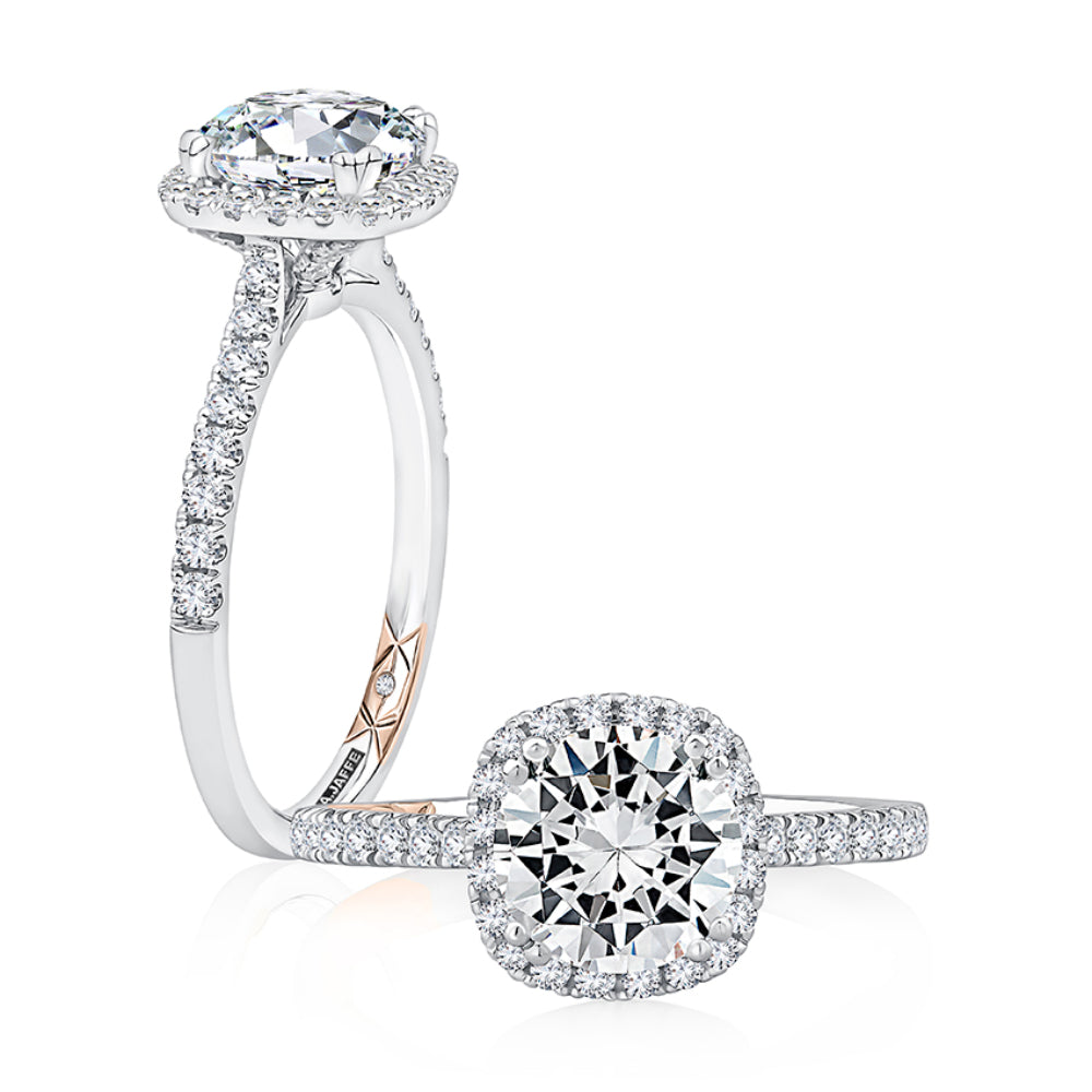 A. Jaffe Cushion Shaped Halo Round Center Diamond Engagement Ring with Pave Band
