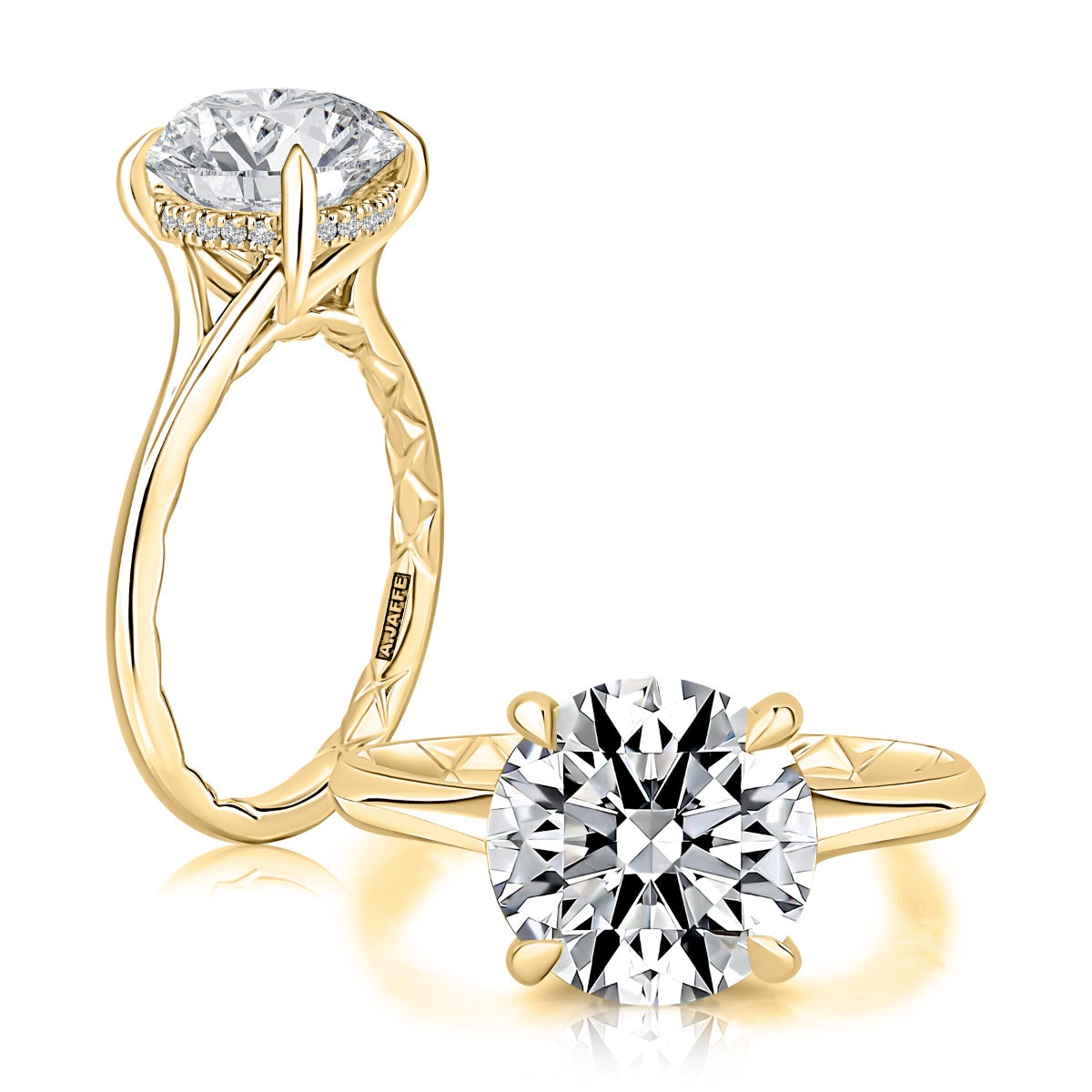 A yellow gold engagement ring shown from two angles on a white background. The ring features a large round brilliant-cut diamond center stone in a four-prong setting, with a halo of smaller diamonds and a twisted shank.