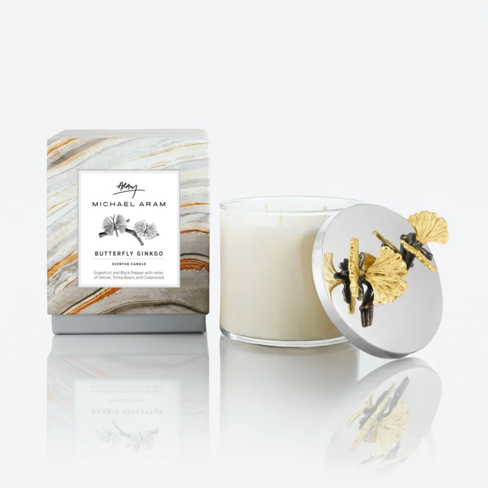 Michael Aram Butterfly Ginkgo candle with packaging on a white background