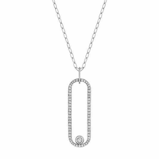 14k White Gold Long Oval Pendant 30" Chain Diamond Necklace