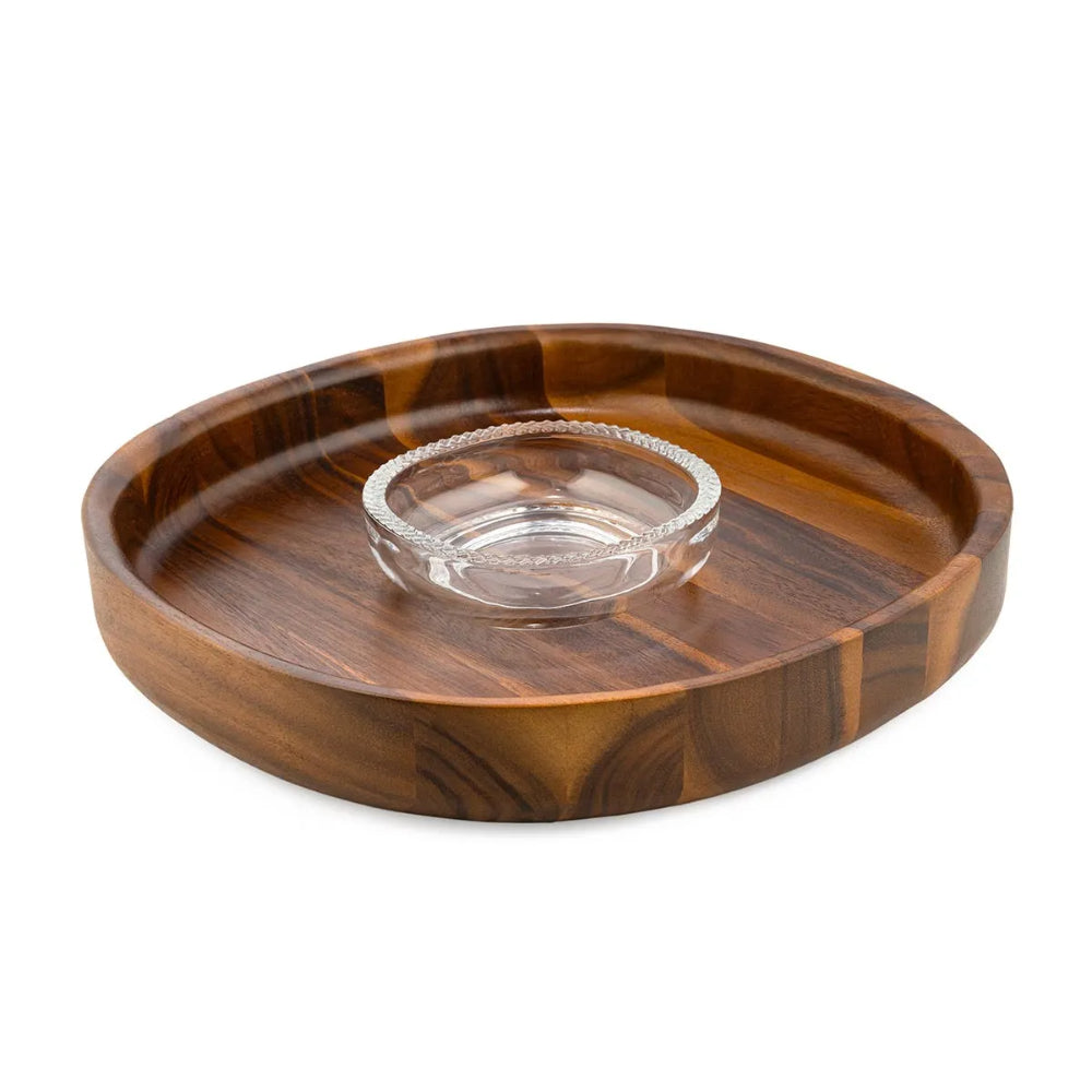 Wooden tray with a glass bowl on a white background