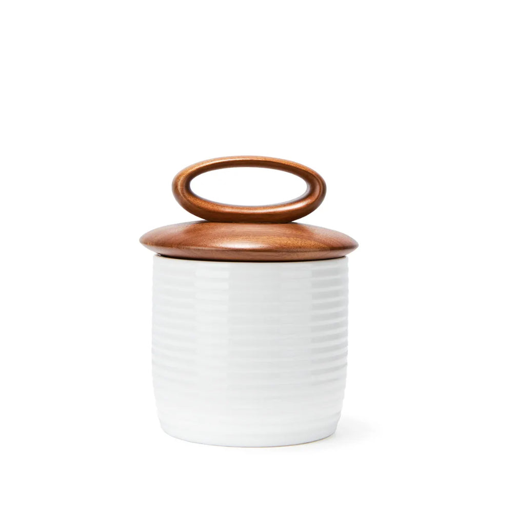 White ceramic jar with a wooden lid on a white background (small)