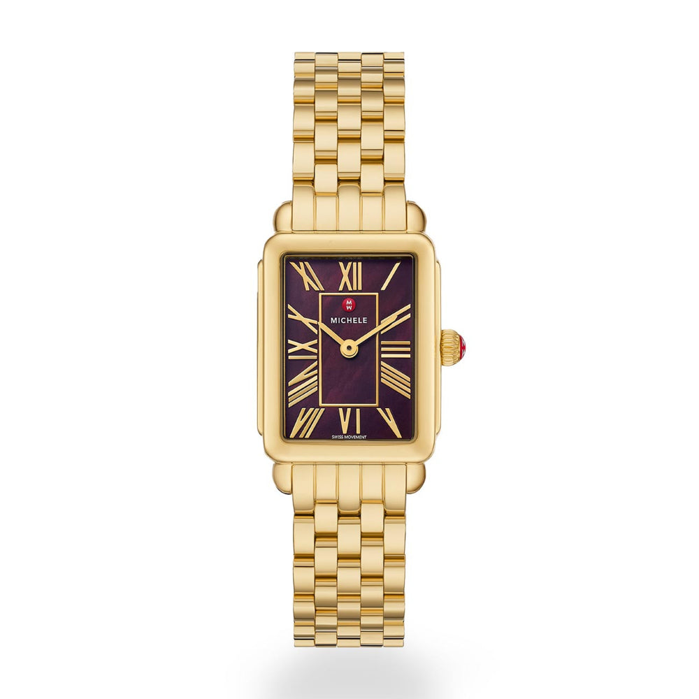 Michele Deco Park Gold-Tone Watch with Dark Cherry Red Dial