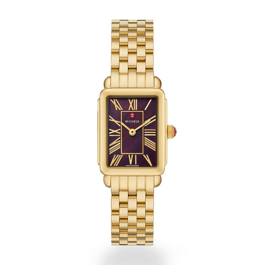 Michele Deco Park Gold-Tone Watch with Dark Cherry Red Dial
