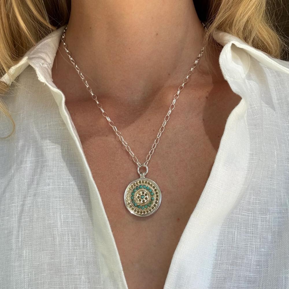 Anna Beck Turquoise Flora Medallion Two Tone Circle Drop Necklace 18-20"