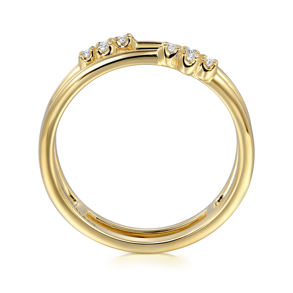 double row gold ring with diamonds on white background from side