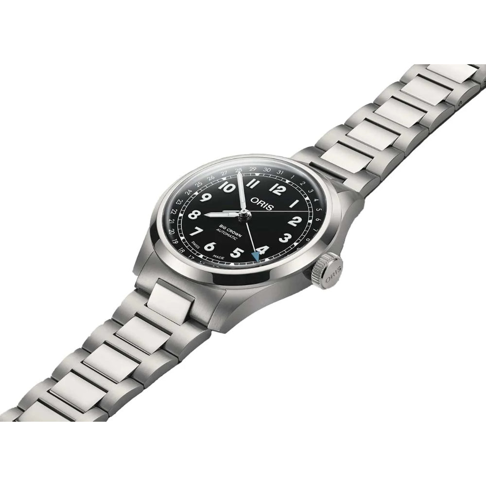 Silver Oris watch with black dial on a white background