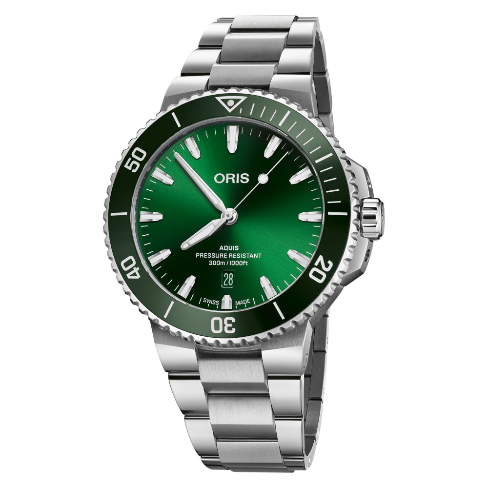 An Oris Aquus pressure-resistant watch with a green dial and green rotating bezel, paired with a silver stainless steel link bracelet, shown against a plain white background.