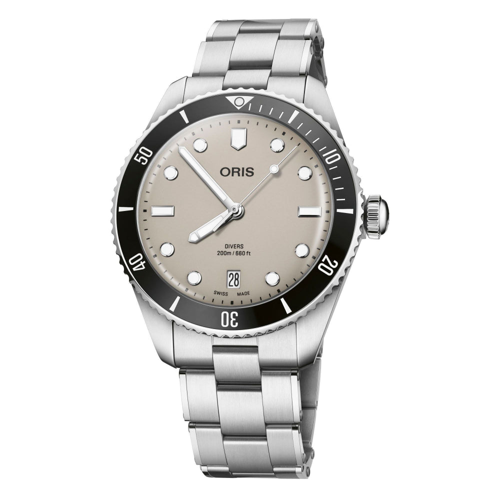An Oris Divers watch with a silver stainless steel bracelet, a beige dial, and a black rotating bezel, shown against a plain white background.