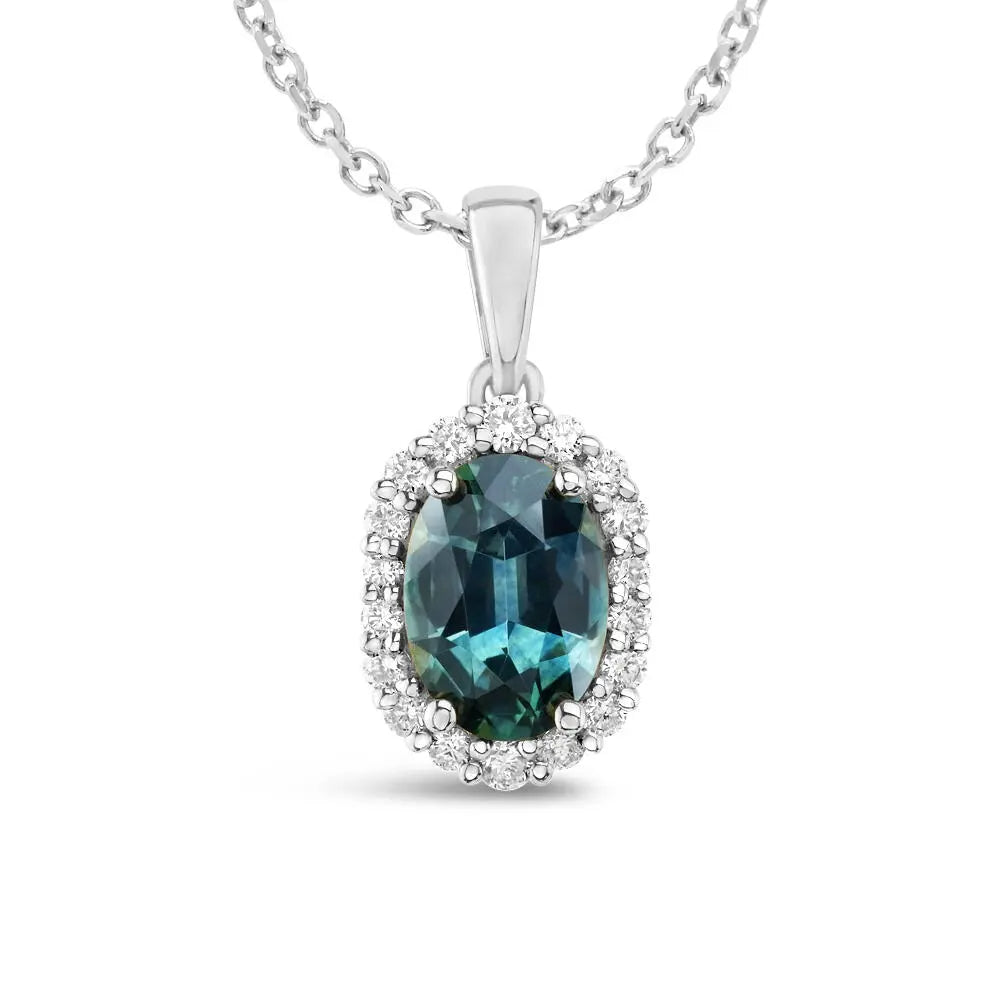 white gold necklace with sapphire center on white background