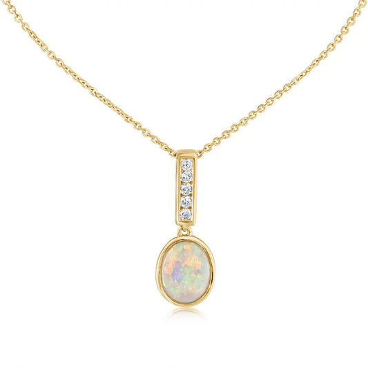 14k Gold Australian Opal and Diamond Pendant Necklace