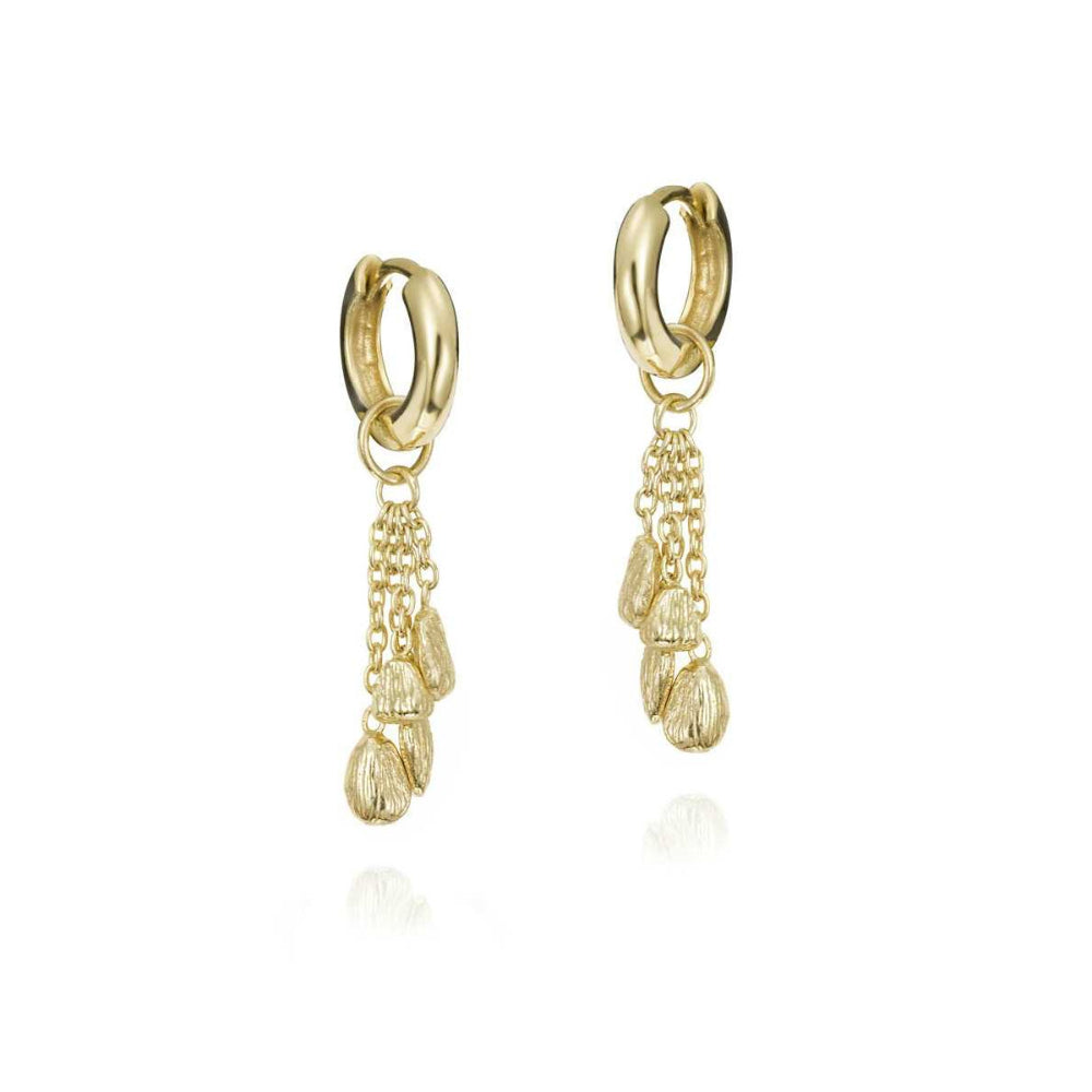 Gold hoop earrings with chain drop designs on a white background