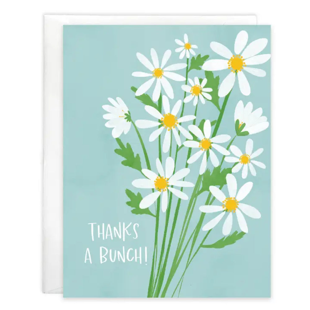 Greeting card with daisy flowers and 'Thanks a Bunch!' text on a light blue background
