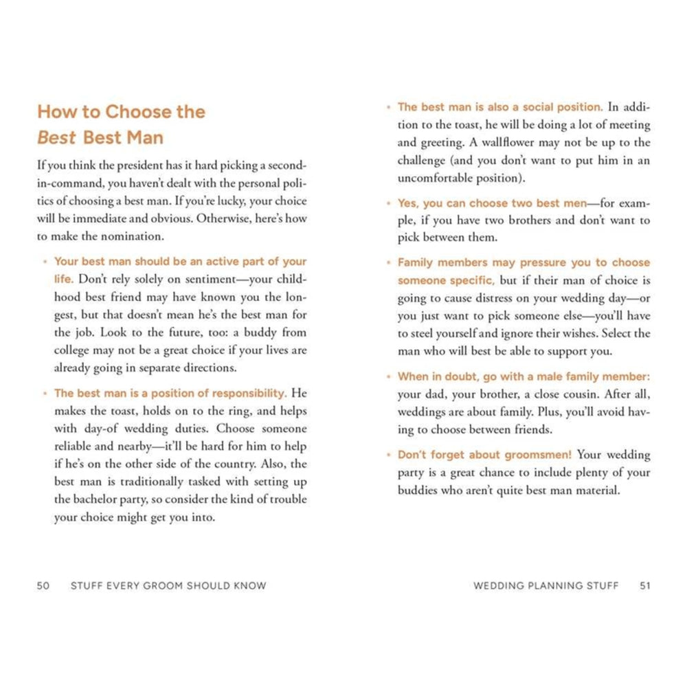A printed wedding planning guide page with two columns of black text on an off-white page, headed 'How to Choose the Best Best Man' in tan and orange font.