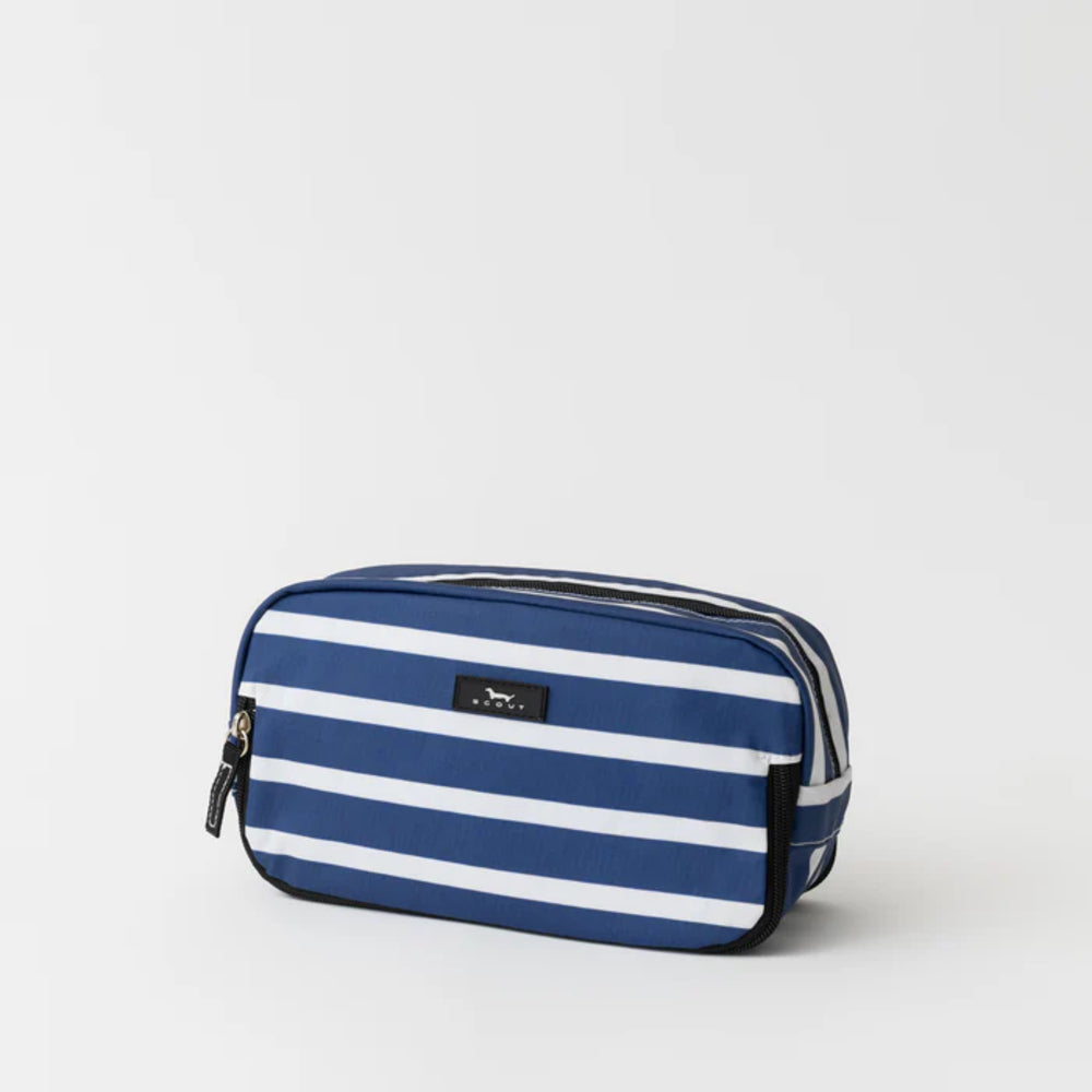 Blue and white striped toiletry bag on a light gray background
