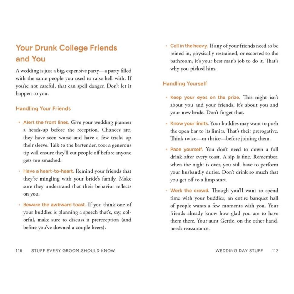 A two-page spread of printed wedding advice content titled 'Your Drunk College Friend Should' with headings, body text, and page numbers on a white background.