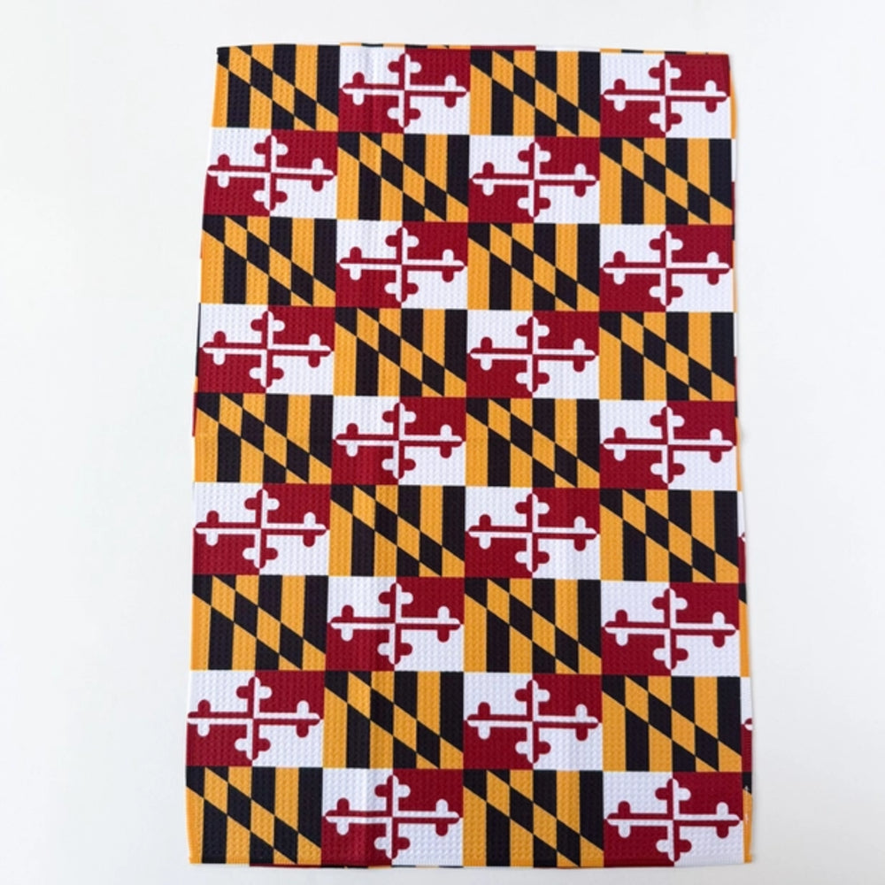 Full displayof Maryland Kitchen Dish Towel on white background. 
