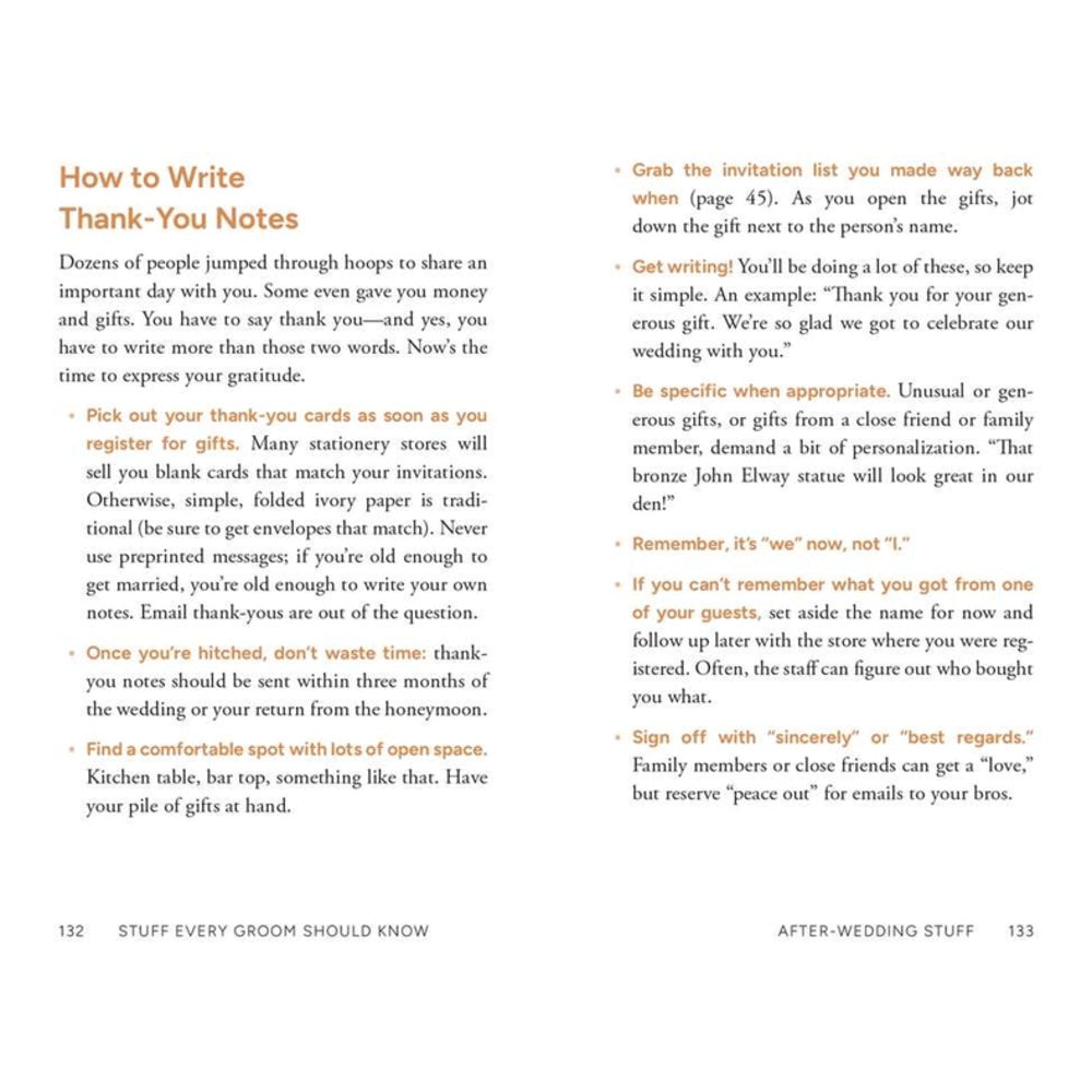 A two-page printed guide titled "How to Write Thank You Notes" with orange headings and black body text on a white background, plus page numbers 132 and 133 and a small "AFTER WEDDING STUFF" label.