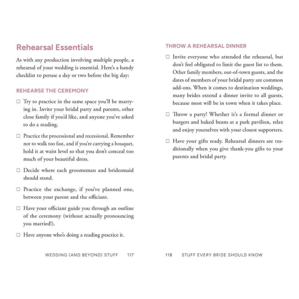 A printed wedding planning guide page with pink and black text on a white background, titled 'Rehearsal Essentials' and 'Throw a Rehearsal Dinner,' with checkboxes and paragraphs of advice.