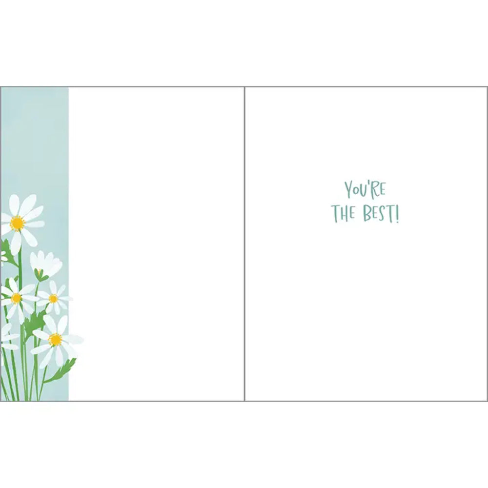 Greeting card with daisies on a light blue background and 'You're the best!' text.