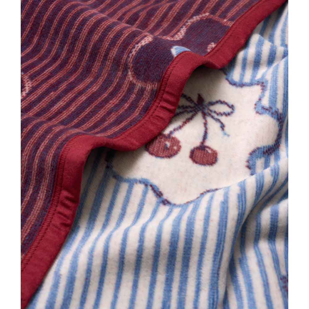 Close-up of blanket with red and blue patterns