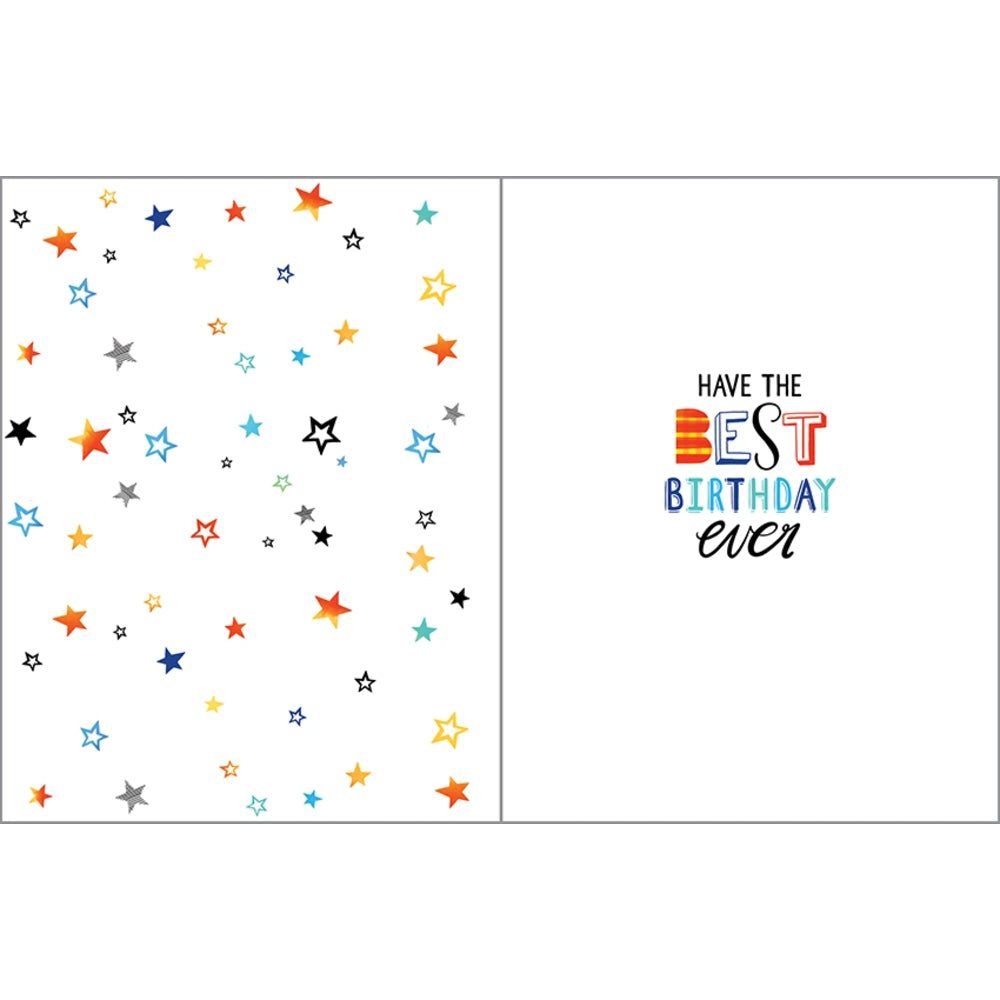 Greeting card with colorful stars on one side and 'Have the Best Birthday Ever' text on the other, on a white background.
