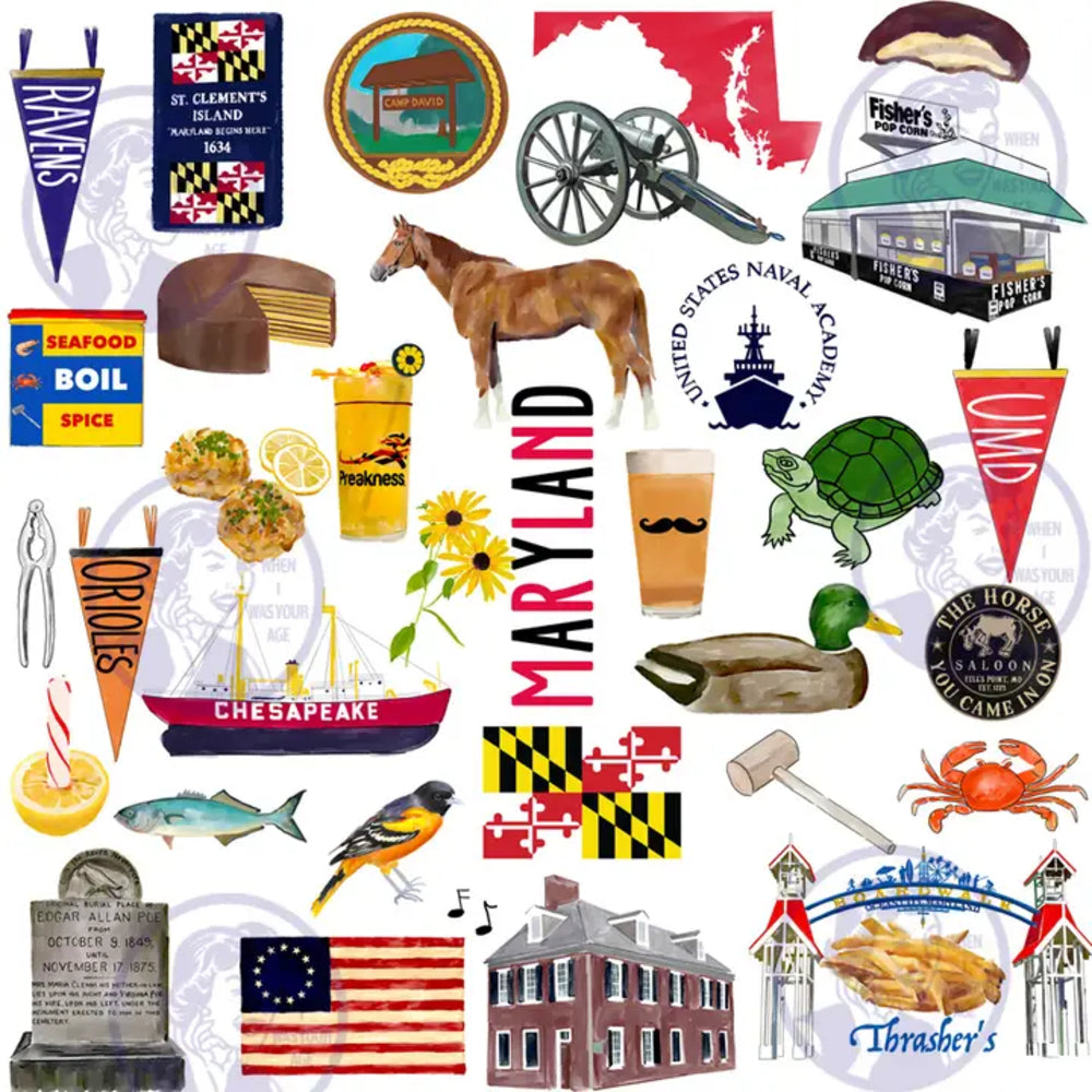 Collection of Maryland-themed images including flags, food, and landmarks.