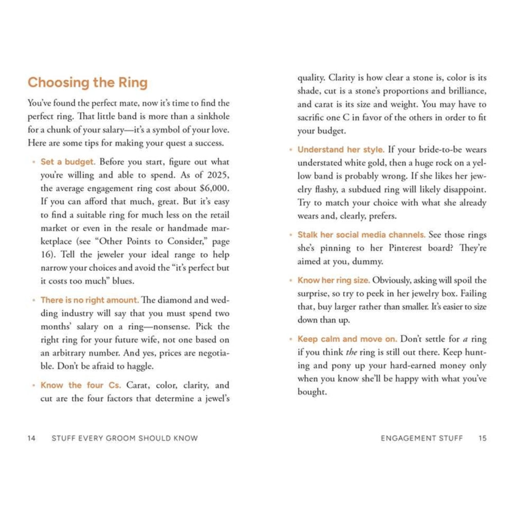 A printed informational page titled 'Choosing the Ring' with text and bullet points about selecting a ring, shown on a white page with page numbers 14 and 15 at the bottom.