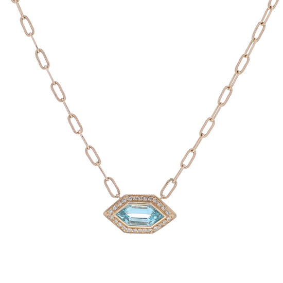 Yellow gold marquise shape aquamarine and diamond halo pendant necklace on a white background