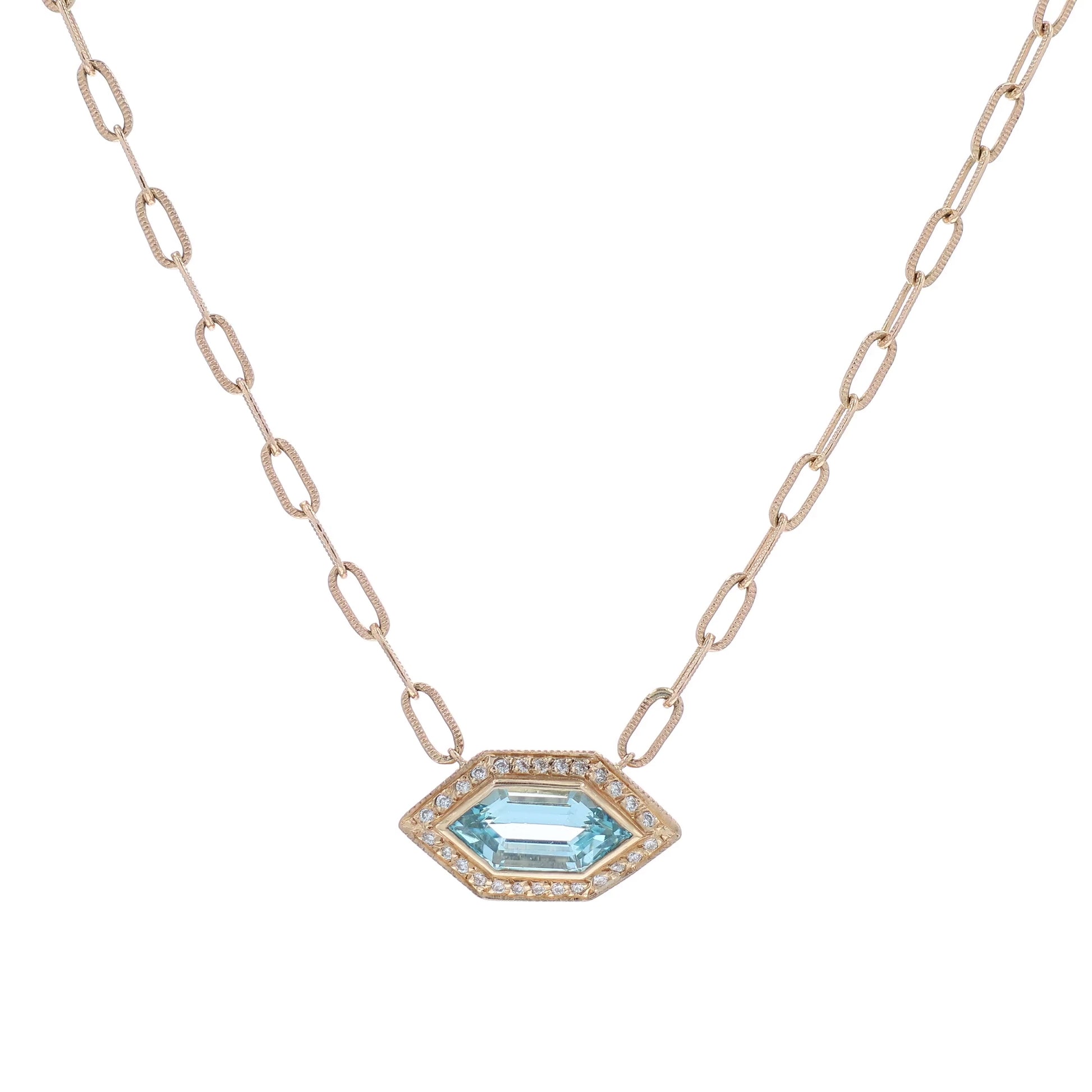 Yellow gold marquise shape aquamarine and diamond halo pendant necklace on a white background