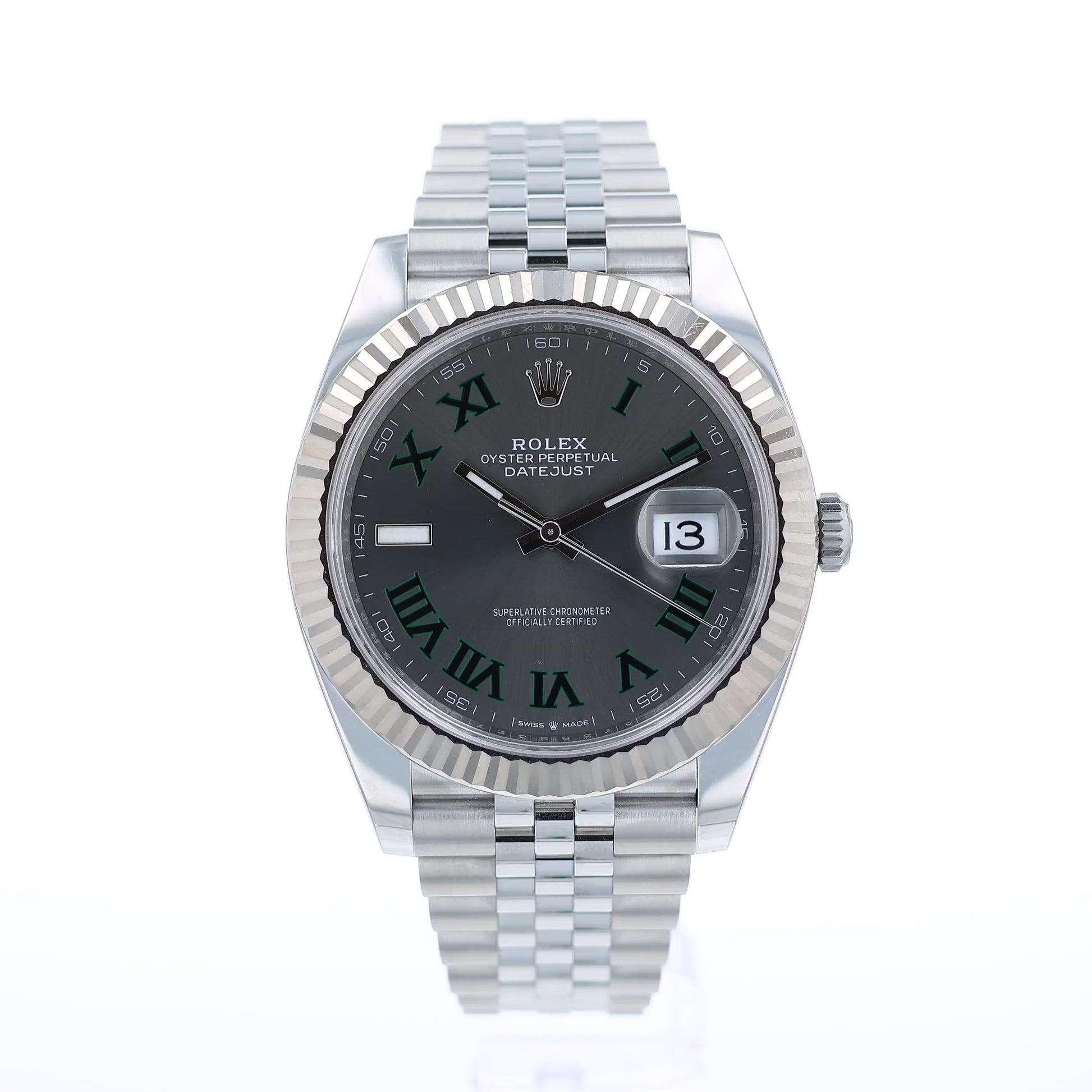 360 degree video of a silver Rolex watch with a Wimbledon grey dial with Roman numerals on a white background